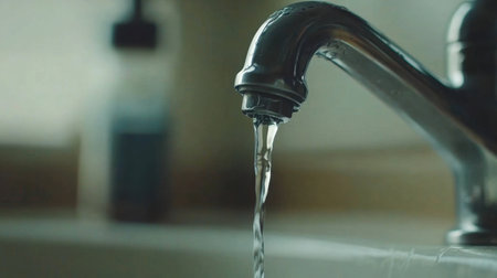 A captivating close-up view of water flowing from a kitchen faucet, showcasing the clarity and freshness in a well-lit modern setting, perfect for home and lifestyle themes.の素材