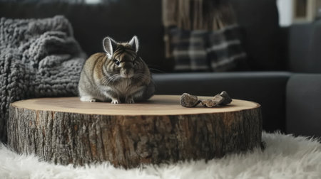 A charming furry animal rests on a rustic wooden log in a modern living room, surrounded by soft textures and inviting decor, creating a cozy atmosphere.の素材