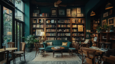 A cozy reading nook nestled in a stylish library, featuring a modern decor with abundant greenery and inviting ambiance, perfect for literature enthusiasts and creative thinkers.の素材