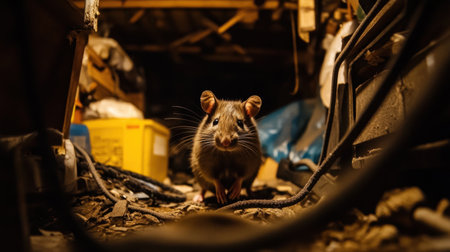 A curious brown rat navigates through a cluttered storage area filled with boxes and cables, highlighting its adaptability in urban settings and showcasing an intriguing wildlife moment.の素材