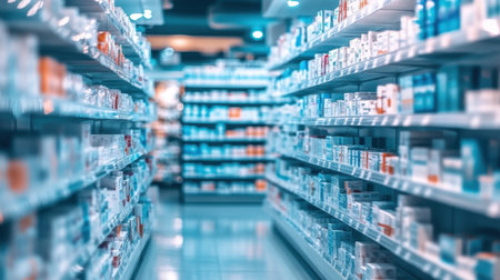 The image shows a modern pharmacy aisle filled with various health products arranged neatly on shelves, illuminated with soft lighting, creating a tranquil shopping experience.の素材