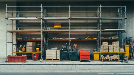 A well-organized storage area featuring scaffolding and a variety of construction tools and materials on shelves, illustrating a professional worksite environment.の素材