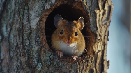 A charming gray mouse peeks out from a hollow in a tree, showcasing its bright eyes and soft fur, evoking curiosity and joy in a serene natural setting.の素材