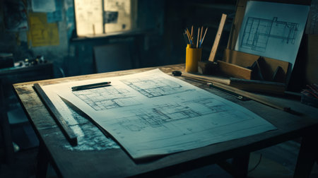 A serene workspace featuring architectural blueprints, design tools, and a wooden table. The focused atmosphere invites creativity and inspires innovative architectural ideas.の素材