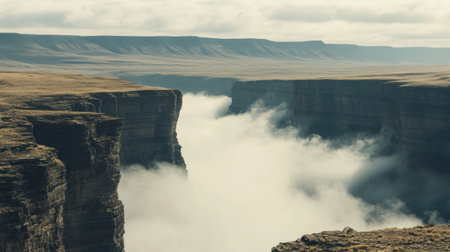 A breathtaking view of a dramatic canyon landscape featuring thick mist and clouds under a gloomy sky, evoking a sense of adventure and tranquility in nature.の素材