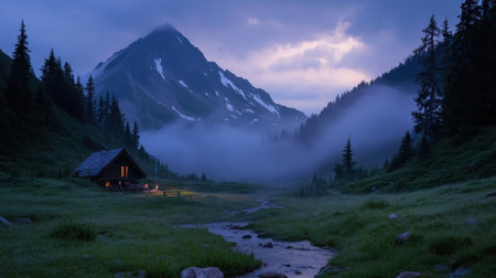 A stunning mountain scene captured at dusk, featuring a cozy cabin surrounded by fog, a flowing stream, and majestic peaks. An invitation to explore nature's beauty.の素材