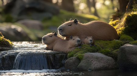 A heartwarming scene of a family of capybaras resting peacefully by a gentle stream, surrounded by vibrant greenery and soft light, showcasing family bonds in nature.の素材