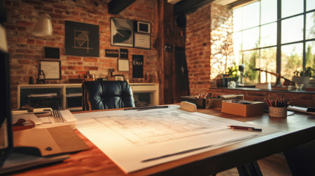 A beautifully arranged workspace featuring architectural plans, tools, and drawing materials. Natural sunlight streams through a window, enhancing the creative environment.の素材