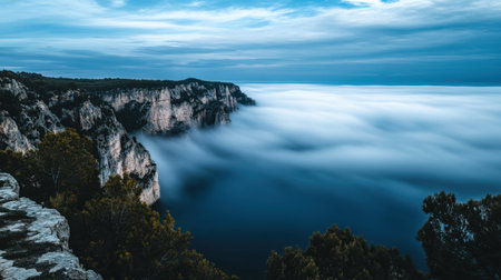 Captivating view of rugged cliffs overlooking a fog-laden ocean under a twilight sky, showcasing the enchanting beauty of nature and serenity in this landscape.の素材