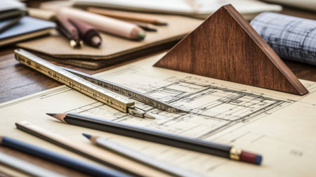 Close-up view of detailed architectural blueprints with various drawing tools including a ruler and pencils, creating a serene and organized workspace atmosphere.の素材