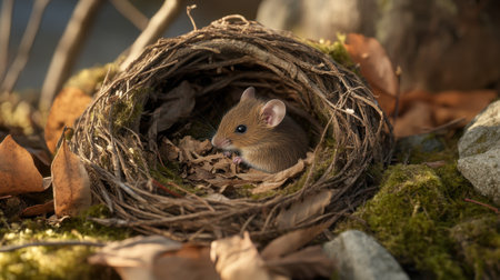 A tiny mouse peeks out from its cozy nest amidst leaves and moss in a peaceful forest. This enchanting scene highlights the beauty of wildlife in nature.の素材