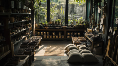 A serene indoor garden space filled with thriving plants and gardening supplies. Sunlight streams in, creating a peaceful atmosphere for gardening enthusiasts and nature lovers.の素材