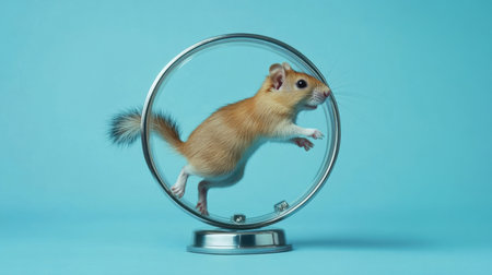A lively rodent energetically runs on an exercise wheel against a stunning blue background, capturing the vibrant spirit and playful nature of small pets in a studio atmosphere.の素材