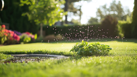A serene garden scene featuring a sprinkler watering lush green grass, with sparkling droplets reflecting sunlight and colorful flowers enhancing the tranquil atmosphere.の素材