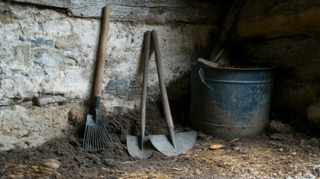 Discover a beautifully arranged scene that highlights rustic garden tools set against an old barn backdrop with soil, reflecting the charm of countryside life.の素材