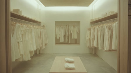 A chic and minimalist fashion boutique interior featuring an assortment of white dresses on display. The serene environment emphasizes modern design and elegance.の素材