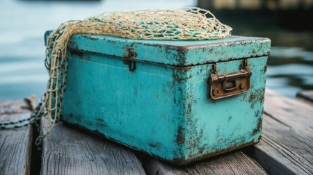 This image features a vintage metal box with a weathered finish, placed on a wooden dock near a fishing net, evoking a sense of tranquility by the water.の素材