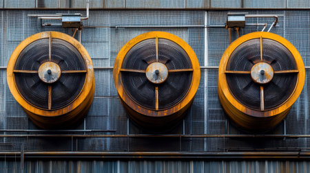 A close-up view of an industrial air cooling system featuring three prominent circular fans on a grid wall, highlighting unique textures and weathered materials in design.の素材
