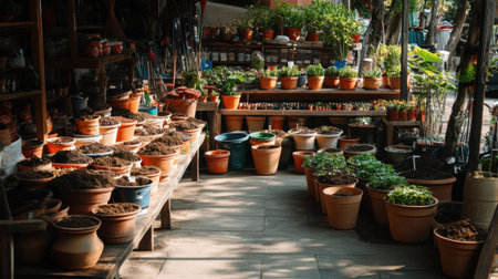 Discover a vibrant garden center filled with various potted plants, soil, and gardening supplies, all illuminated by warm natural light, creating an inviting atmosphere.の素材