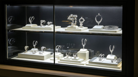 This image showcases an exquisite arrangement of luxury jewelry displayed in a glass case, highlighting the intricate designs and soft lighting for an elegant presentation.の素材