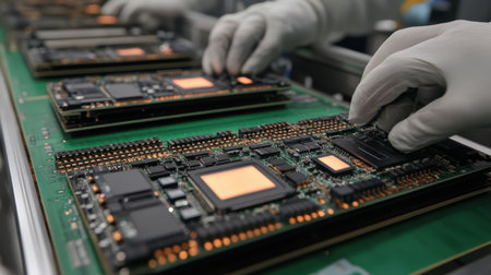 This image showcases a skilled worker wearing white gloves diligently assembling electronic circuit boards in a modern factory, highlighting precision and innovation in technology production.の素材