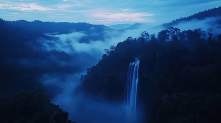 Captivating view of a mist-covered waterfall cascading through a dense forest. The blue hues of dusk create a serene atmosphere, perfect for nature lovers and adventurers.の素材
