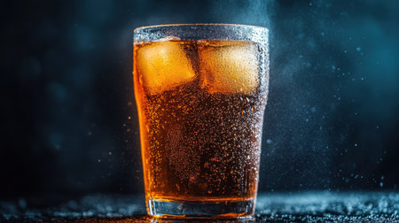 A close-up view of a refreshing drink in a glass filled with ice cubes and bubbles, set against a dark, atmospheric background, evoking summer vibes.の素材