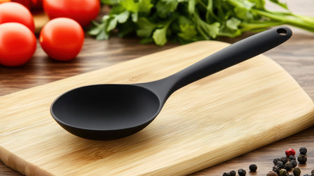 A sleek black silicone spoon rests on a wooden cutting board, accompanied by fresh tomatoes, green herbs, and various spices, perfect for culinary inspiration.の素材