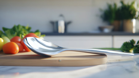 A sleek stainless steel spoon rests elegantly on a wooden cutting board surrounded by fresh vegetables and herbs, showcasing a warm and inviting kitchen atmosphere.の素材