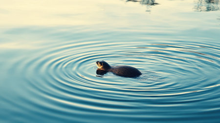 A tranquil scene showcasing a small mammal swimming in calm water, with gentle ripples forming around it, captured in soft natural light to emphasize the serene atmosphere.の素材