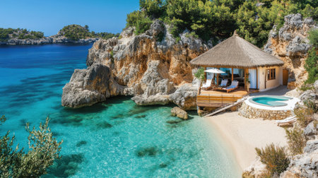 Discover the perfect tropical retreat with a stunning villa overlooking clear waters. Experience relaxation in a beautiful natural setting, ideal for vacations.の素材