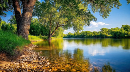 A beautiful river scene featuring lush green trees along the water's edge under a clear blue sky. The serene atmosphere invites relaxation and appreciation of nature.の素材