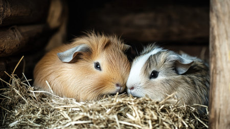 Two cute guinea pigs cuddle together in a cozy nest of straw. Their soft fur and affectionate pose create a warm atmosphere, perfect for animal lovers.の素材