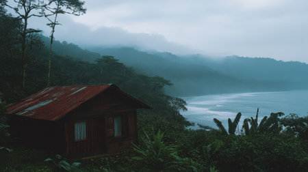 Discover a tranquil coastal cabin surrounded by lush greenery and misty mountains, capturing the essence of solitude and natural beauty in a serene landscape.の素材