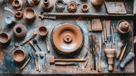 Explore a vibrant pottery workspace featuring a spinning wheel, various clay tools, and beautifully crafted ceramic artworks, perfect for showcasing the art of creation.の素材