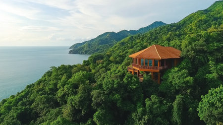 A stunning aerial view of a coastal retreat surrounded by lush greenery and overlooking the serene ocean. This idyllic escape offers tranquility and beautiful nature views.の素材