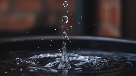 A stunning close-up of water droplets splashing in a dark container, creating mesmerizing ripples and capturing light reflections, evoking peace and beauty.の素材
