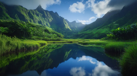 Experience the tranquility of a stunning mountain landscape with vibrant greenery and a reflective body of water, all under a picturesque blue sky with clouds.の素材