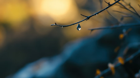 A mesmerizing close-up image featuring a raindrop delicately balanced on a thin branch, set against a softly blurred autumn background, evoking tranquility.の素材