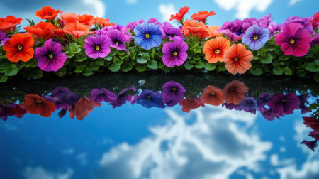 A breathtaking display of colorful petunias in various hues reflecting on a still water surface, capturing the essence of nature's beauty under a clear blue sky.の素材