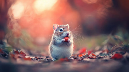 A delightful close-up of a small rodent enjoying a cherry on a forest path, surrounded by vibrant autumn leaves and a warm sunset glow, capturing pure joy.の素材
