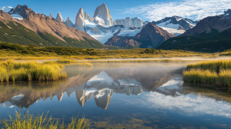Experience the tranquility of a pristine landscape where snow-capped peaks reflect in calm waters, surrounded by vibrant grass, creating a stunning natural scene.の素材