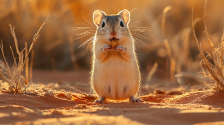 A charming desert rodent poses with food held in its paws, surrounded by dry grass and basking in the warm light of a glowing sunset. Perfect wildlife shot.の素材