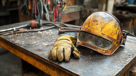 A vintage welding helmet and a worn leather glove are placed on a rustic workbench amidst scattered tools and flying sparks, showing the essence of craftsmanship.の素材
