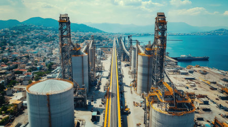 An aerial perspective showcasing industrial port facilities featuring silos, conveyors, and various machinery, framed by a stunning coastal landscape.の素材