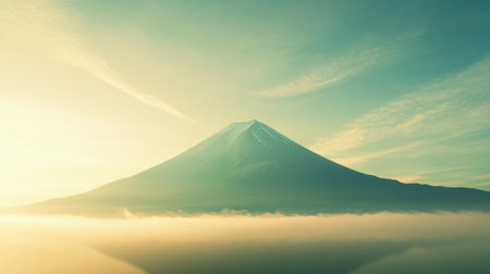 Experience the tranquil beauty of a majestic mountain emerging from soft clouds during sunrise, creating a serene landscape that invites exploration and reflection.の素材
