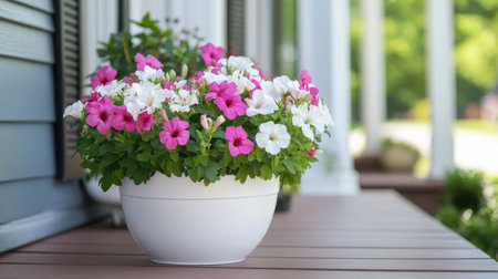 A beautiful arrangement of pink and white petunias in a white container sits on a wooden table, capturing the essence of summer and serenity in an outdoor porch setting.の素材