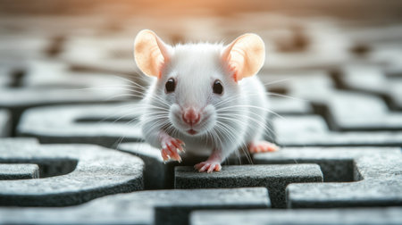 A charming white mouse navigates an intricate maze, showcasing its delicate features and curiosity. The background light adds warmth to this adorable exploration scene.の素材