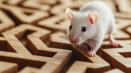 This image captures a white mouse as it navigates an intricately patterned wooden surface, highlighting its adorable features and curious behavior under soft lighting.の素材