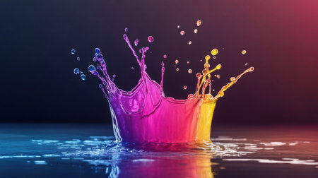 Captivating water splash creates a stunning visual impact with vibrant colors of purple and yellow against a dark background. Perfect for artistic projects.の素材